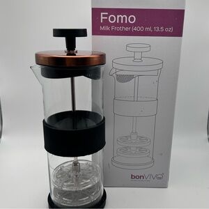 NIB BON VIVO FOMO GLASS MILK FROTHER COPPER FINISHED 13.5oz 8-1/4”x3”